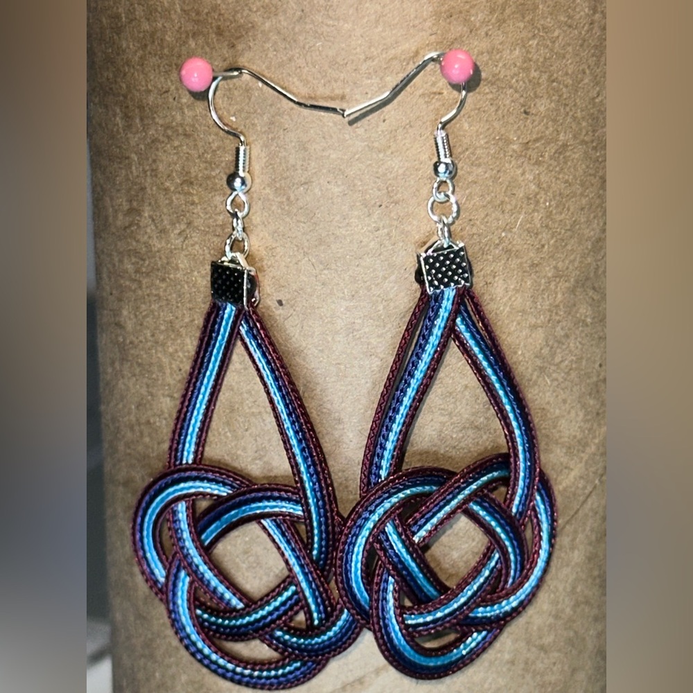 Handmade Navy Burgundy and Blue Woven Earrings - Picture 5 of 6